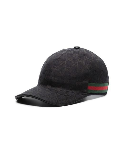 Gucci Black Monogram-Pattern Striped-Trim Woven Cap for men