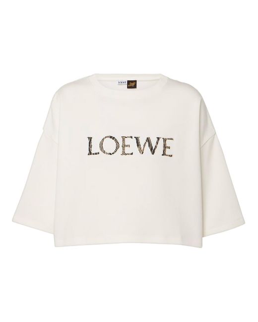 Loewe-Paulas Ibiza White Logo Cropped Cotton T-shirt