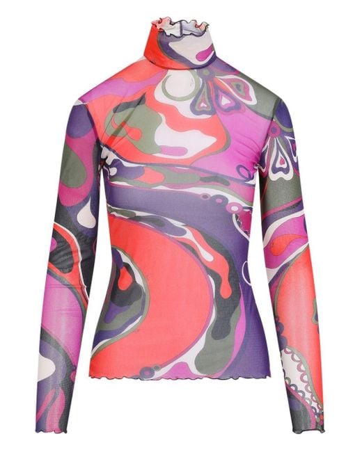 Emilio Pucci Red Abstract-Print Turtleneck Sheer Top