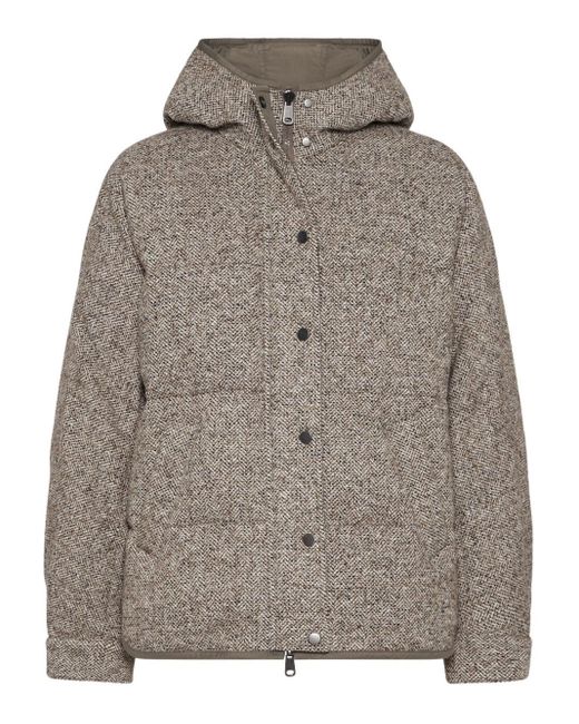 Brunello Cucinelli Gray Chevron Down Jacket With Hoodie