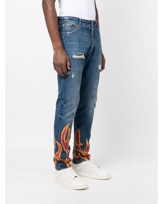 Palm Angels Blue Straight Leg Jeans With Flame Print for men
