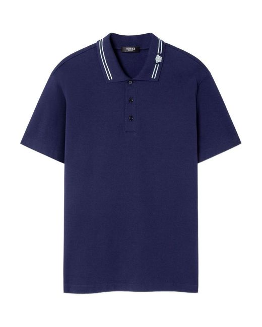 Versace Blue Embroidered Cotton Polo Shirt for men