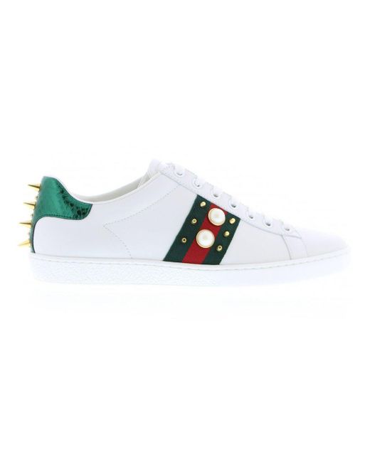 Gucci White Ace Pearl And Stud-Detail Leather Trainers