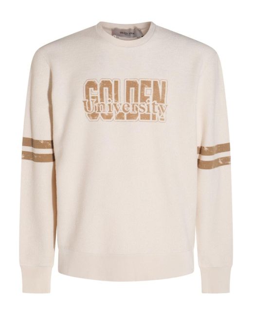 Golden Goose Deluxe Brand White Cream Sweater With Bold Text Design And Contrast Stripes for men