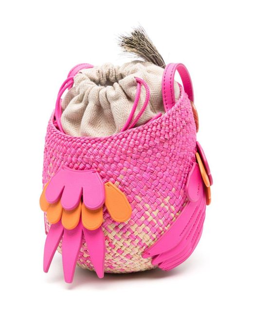 Loewe-Paulas Ibiza Pink Bird Natural Fibers Clutch Bag