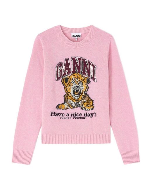 Ganni Pink Wool Crewneck Sweater