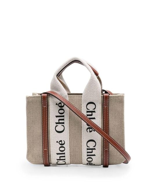 Chloé White Woody Mini Linen Tote Bag