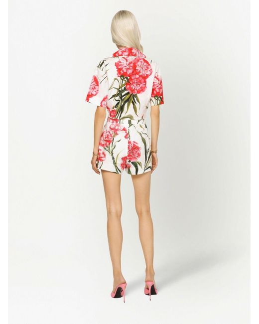 Camicia in popeline stampa garofani con nodo di Dolce & Gabbana in Red