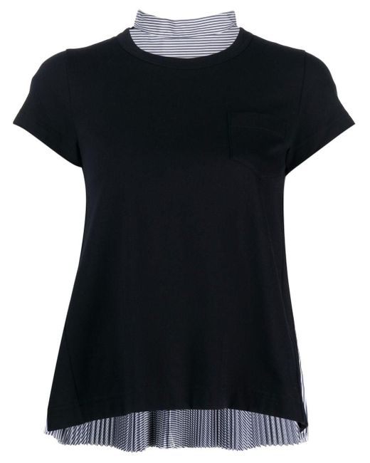 Sacai Black Draped-detail Two-tone Cotton T-shirt