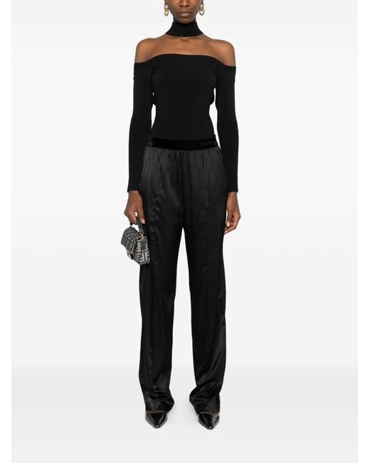 Tom Ford Black Stretch Silk Satin Pajama-Style Trousers With Velvet Waistband And Embroidered Logo