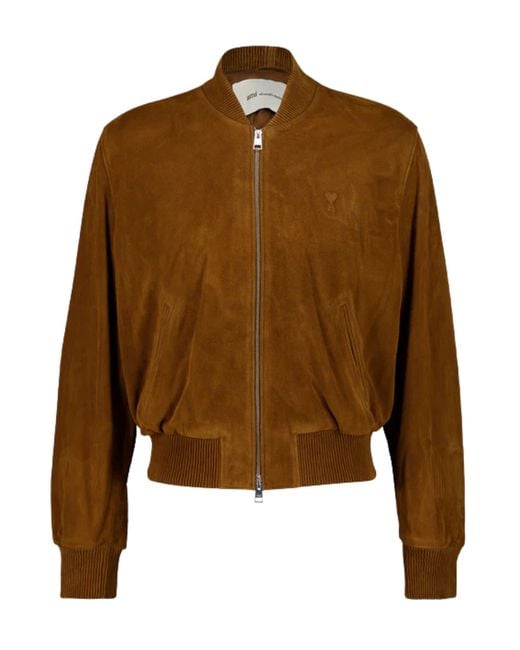 AMI Brown Suede Leather Zipped Jacket for men
