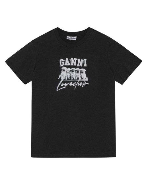 Ganni Black Cotton T-shirt With Logo And Dogs Print