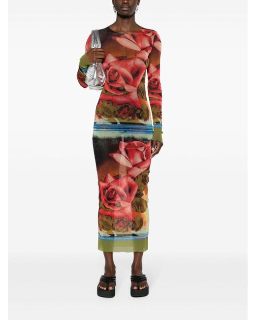 Jean Paul Gaultier Multicolor Roses Mesh Long Sleeve Dress