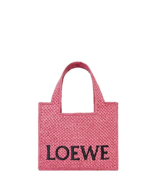 Loewe-Paulas Ibiza Pink Loewe Font Raffia Mini Tote Bag