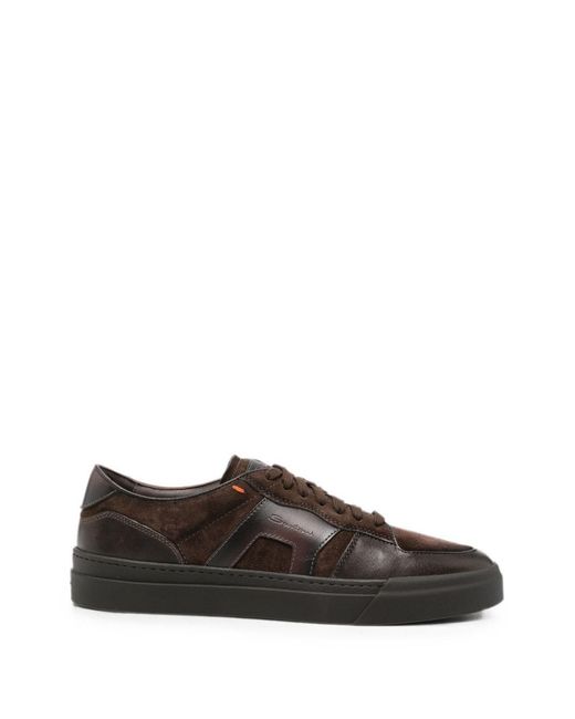 Santoni Brown Suede-Panelled Leather Sneakers for men
