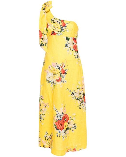Zimmermann Yellow Floral Print Linen Asymmetric Midi Dress