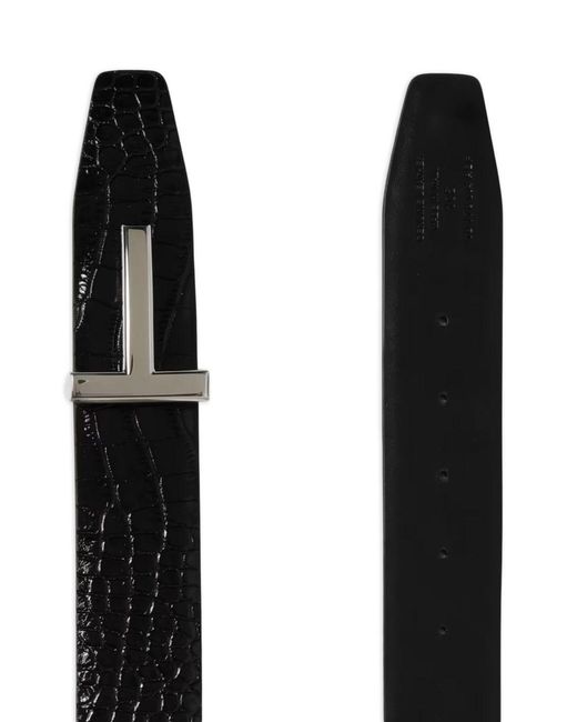 Tom Ford Black T-Bar Animal-Effect Leather Belt for men