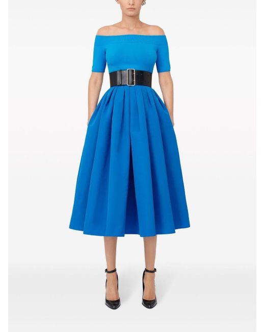 Alexander McQueen Blue Pleated Flared Midi Skirt