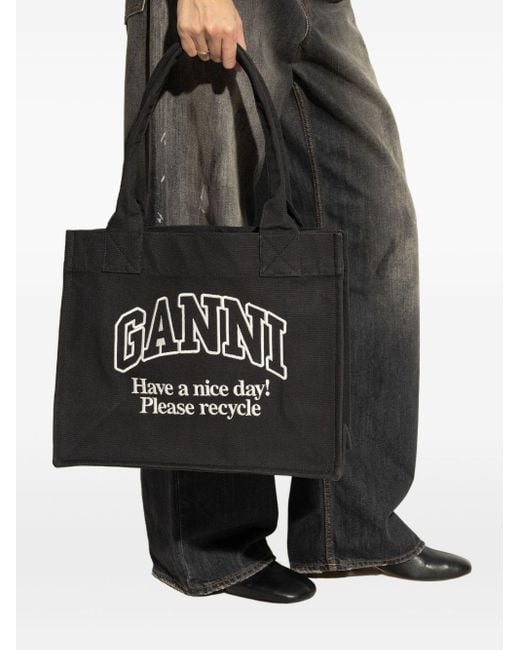 Ganni Black Recycled Cotton Large Tote Bag