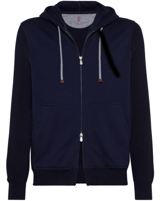 Brunello Cucinelli Blue Ribbed-sleeve Cotton Zip-up Hoodie for men