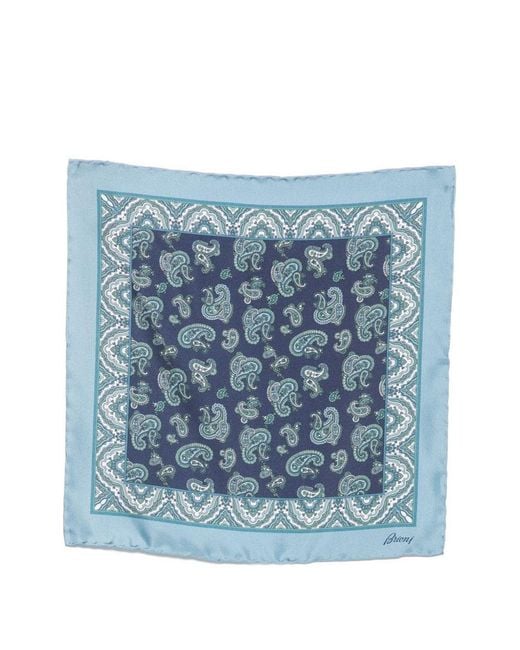 Brioni Blue Printed Silk Pocket Square for men