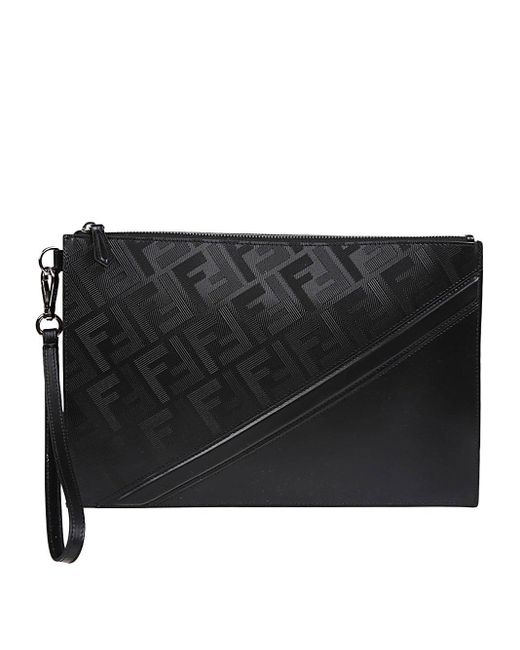 Fendi Black Ff-pattern Leather Clutch Bag for men