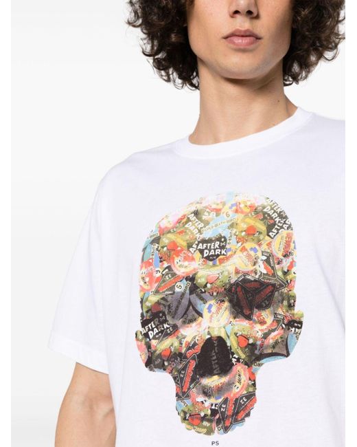 PS by Paul Smith White Skull Sticker Organic-cotton T-shirt for men