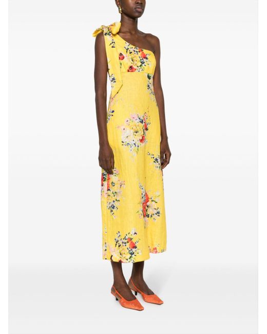 Zimmermann Yellow Floral Print Linen Asymmetric Midi Dress