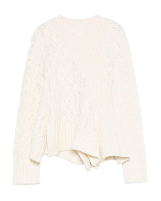 Sacai Natural Cable Knit Sweater With Ruffled Hem And Asymmetrical Details