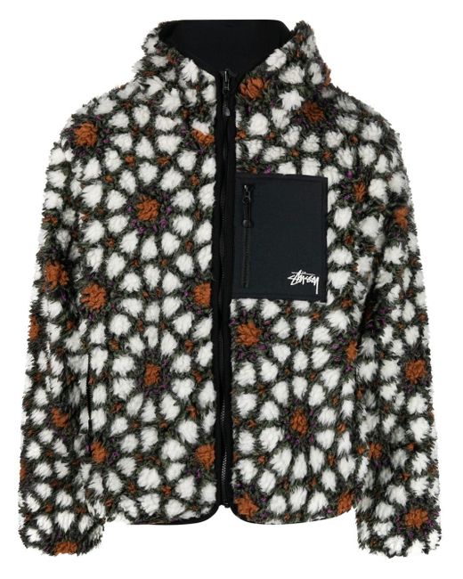 Stussy Black Floral-print Fleece Reversible Jacket for men