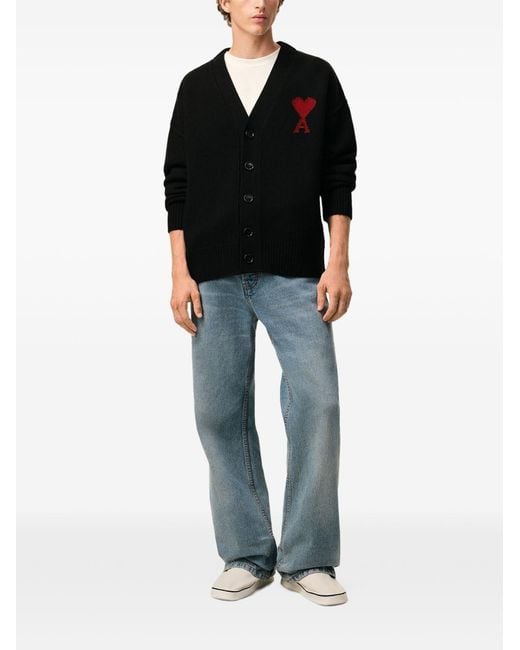 AMI Black Ami De Coeur Wool Cardigan for men