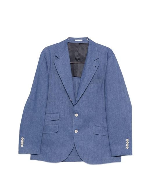 Brunello Cucinelli Blue Linen Single-Breasted Suit for men