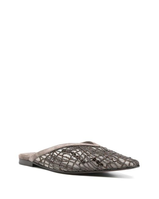Brunello Cucinelli White Abstract Embroidered Suede Slingback Ballet Flats