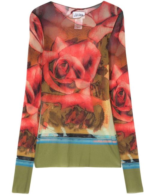 Jean Paul Gaultier Red Roses Print Mesh Long Sleeve Top