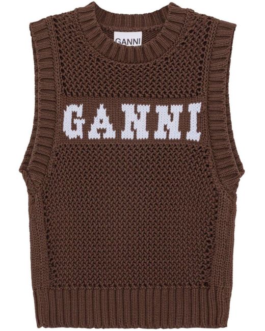 Ganni Brown Logo Crochet Vest