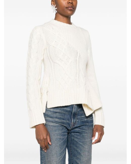Sacai Natural Cable Knit Sweater With Ruffled Hem And Asymmetrical Details