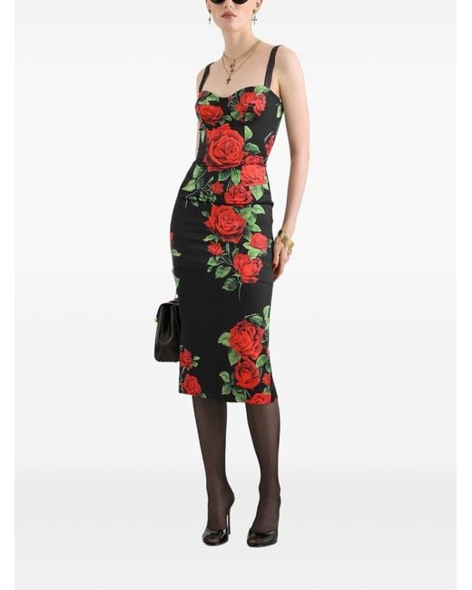 Dolce & Gabbana Red Roses Print Silk Midi Dress