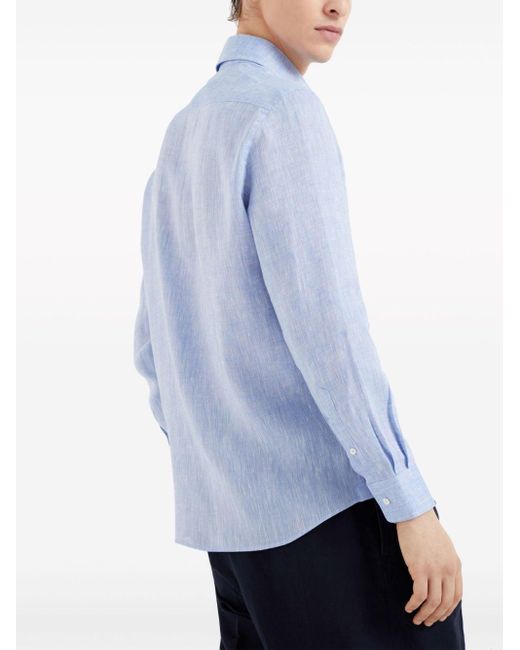 Brunello Cucinelli Blue Spread-collar Linen Shirt for men