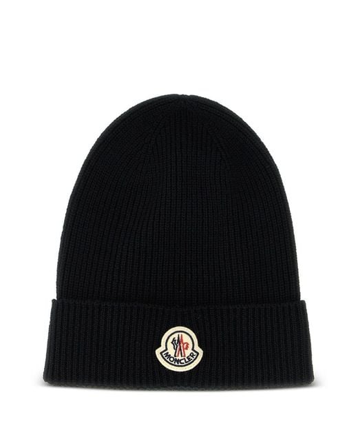 Moncler Black Logo Wool Beanie for men