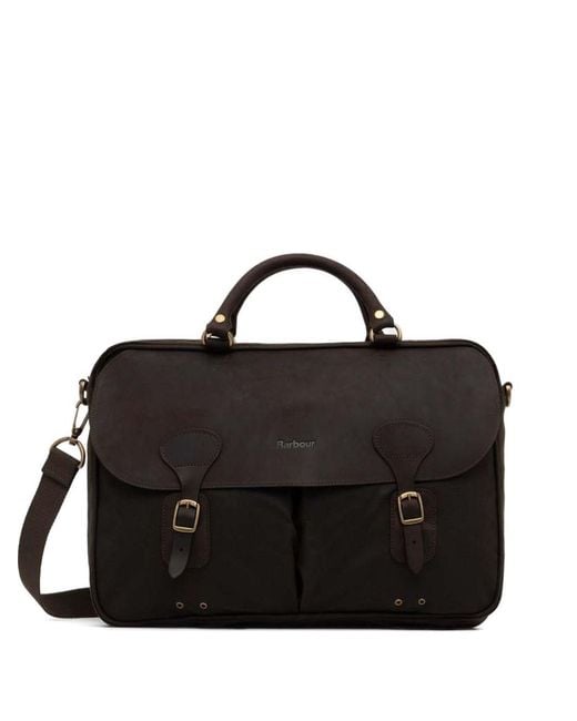 Barbour Black Waxed Leather Briefcase for men