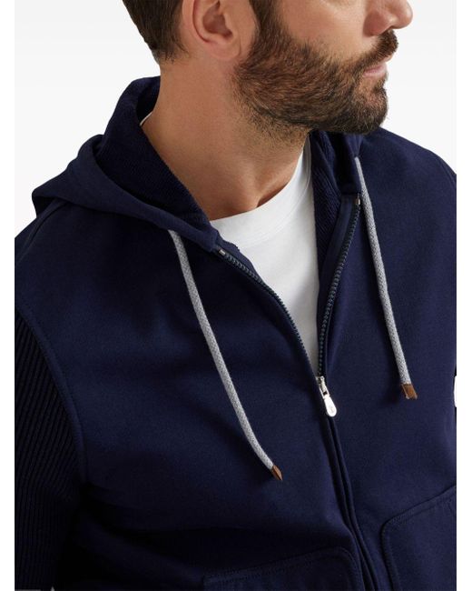 Brunello Cucinelli Blue Ribbed-sleeve Cotton Zip-up Hoodie for men