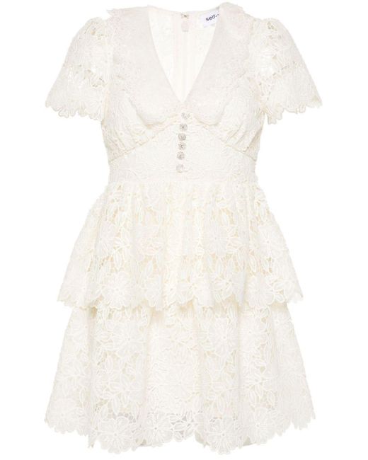 Self-Portrait White Short Flared Dress With Macramé Flowers