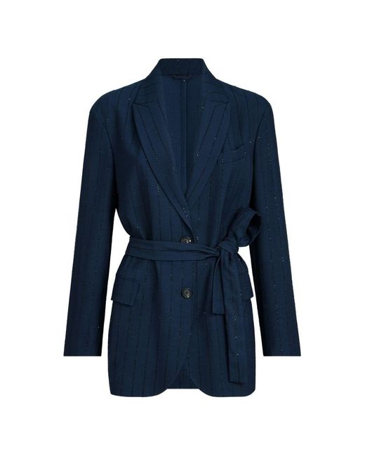 Brunello Cucinelli Blue Belted Single-Breasted Jacket