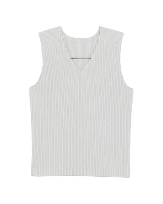 Homme Plissé Issey Miyake White Pleated V-Necked Top for men