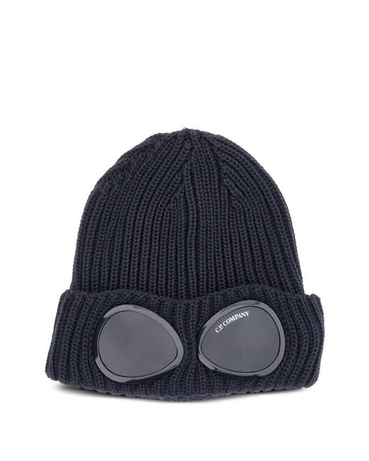 C P Company Blue Wool Goggle Hat for men