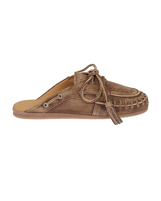 POSA Brown Leather Fringed Boat Loafers