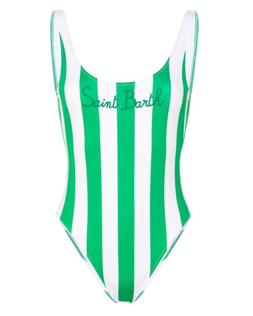 Mc2 Saint Barth Green Logo Striped One-Piece Swimsuit