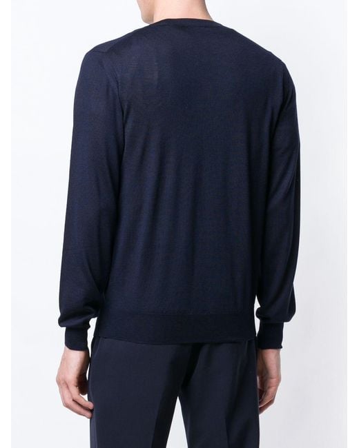 Brioni Blue Wool Cashmere And Silk V-Necked Sweater for men