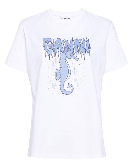Ganni Blue Seahorse Print Cotton T-Shirt