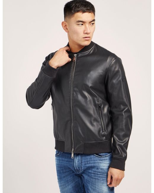 Armani Jeans Faux Leather Bomber Jacket in Black for Men | Lyst
